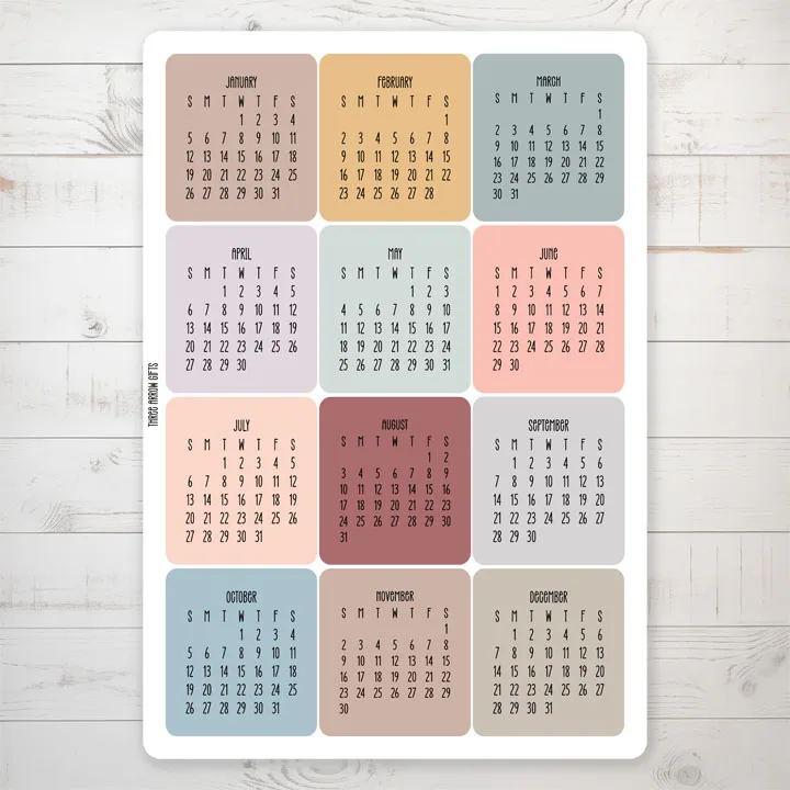 Year at a Glance 2025 Calendar Sticker Sheet – Aesthetic – Three Arrow ...