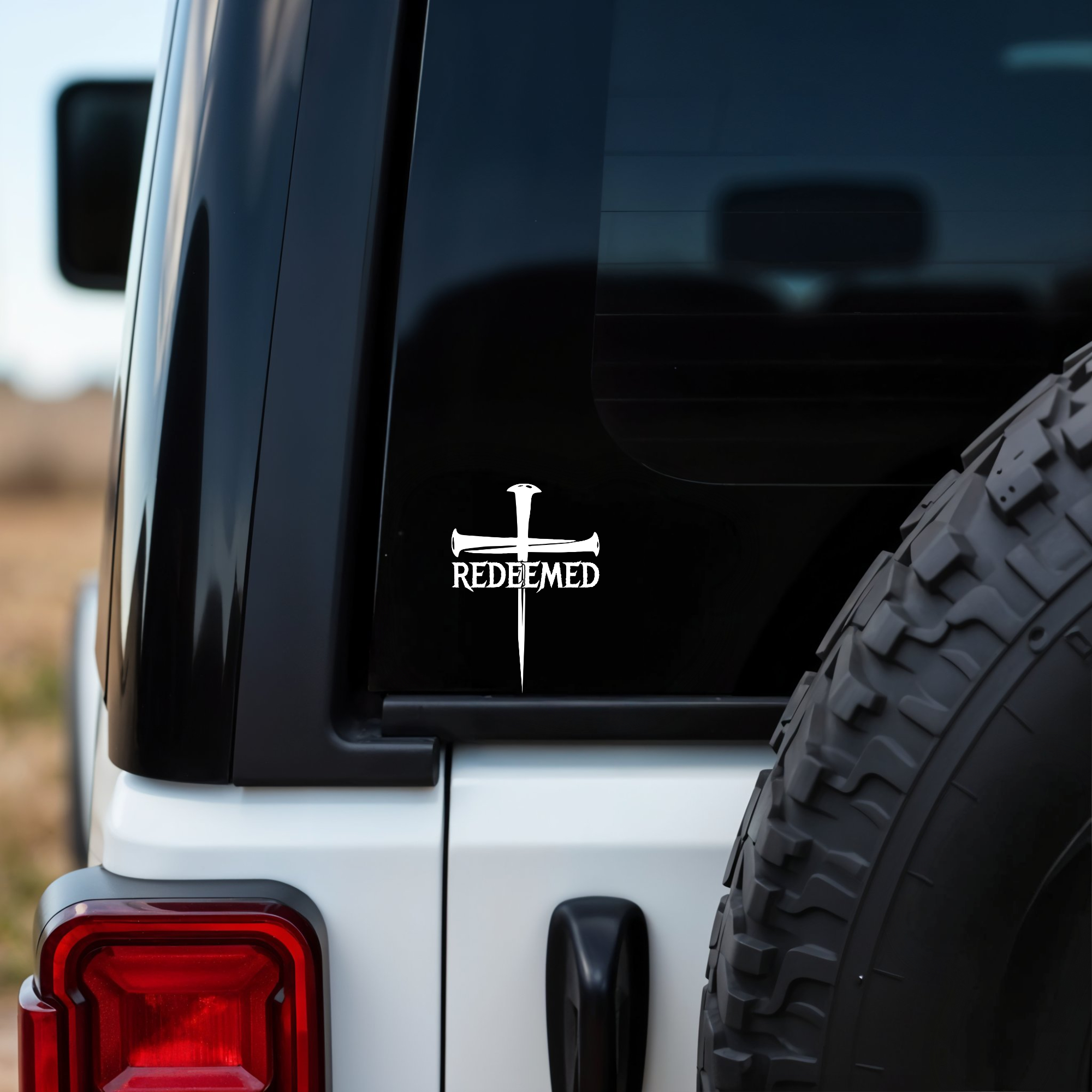 Back Window Car Decal 2 Redeemed Cross Christian Decal (3.8" x 5.5", White) - Image 1